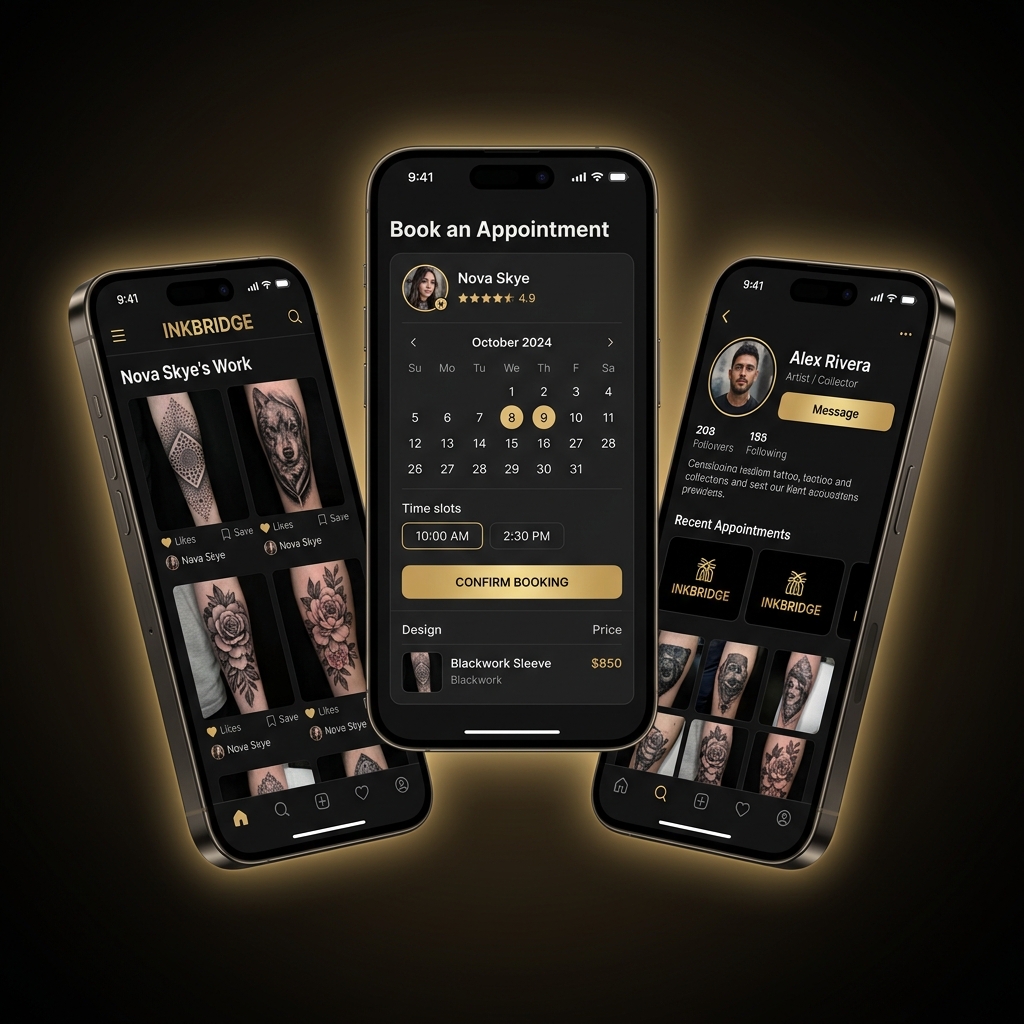 Telas do aplicativo InkBridge no iPhone — Feed de tatuadores, Agendamento e Perfil